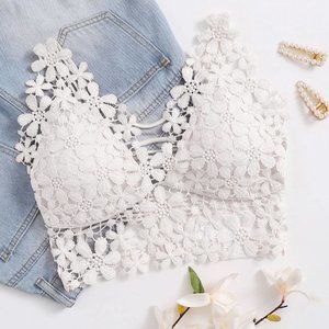 White Casual Womens Guipure Lace Longline Bralette